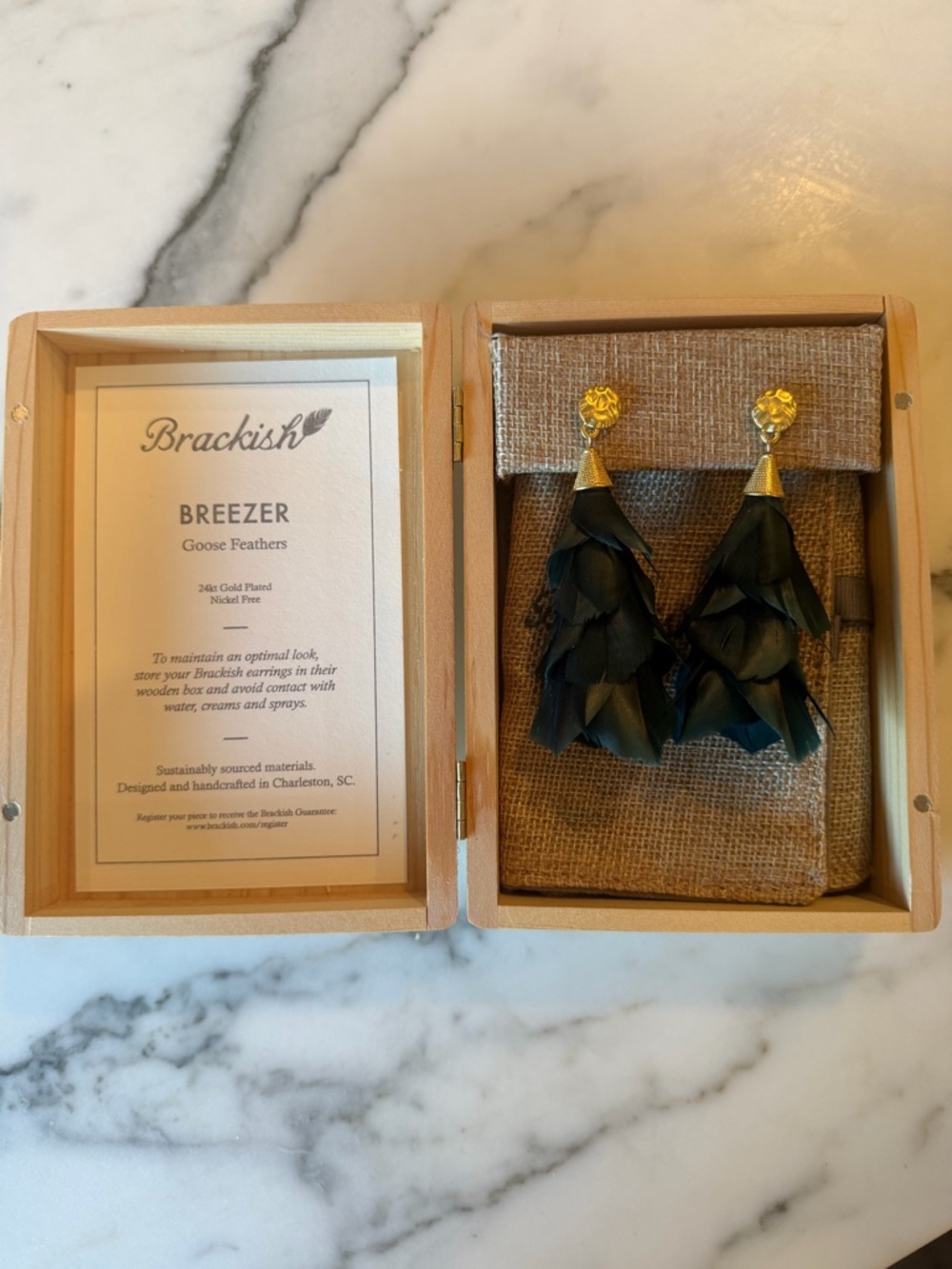 Brackish Breezer Goose Feather Teal Drop Earrings  New in Box - Picture 3 of 4